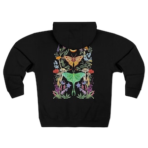 GARDEN MOTH Full Zip Hoodie with Moon Phases & Flowers, Floral Butterflies Hooded Sweatshirt, Green Luna Moth Hoodie, Mystical Moth Jacket image 6