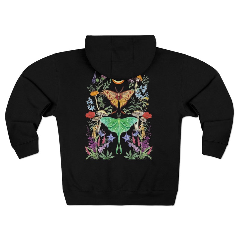 GARDEN MOTH Full Zip Hoodie with Moon Phases & Flowers, Floral Butterflies Hooded Sweatshirt, Green Luna Moth Hoodie, Mystical Moth Jacket image 6