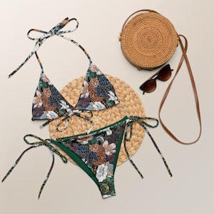 FLORAL TIGER Recycled String Bikini, Animal Print Bathing Suit, Enchanted Tropics Swimsuit, Tropical Swimming Suit, Tiger Bikini for Ladies