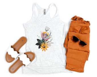 LINE FLOWERS BOUQUET Racerback Tank Top, Cottagecore Floral Tank Top, Boho Flowers Muscle Shirt, Summer Beach Tank Top, Stylish Trendy Shirt