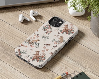 Capa resistente para celular com estampa fofa de esquilo, rato, pássaro, ouriço e frutinhas, estilo cottagecore - iPhone, Google Pixel, Samsung Galaxy
