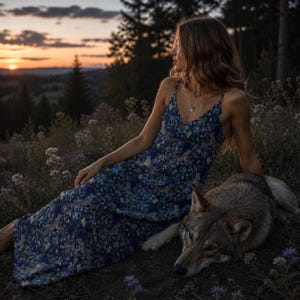 May include: A woman in a blue floral print dress sits outdoors with a wolf. The dress has a V-neck and spaghetti straps. The background features a sunset over a forest.