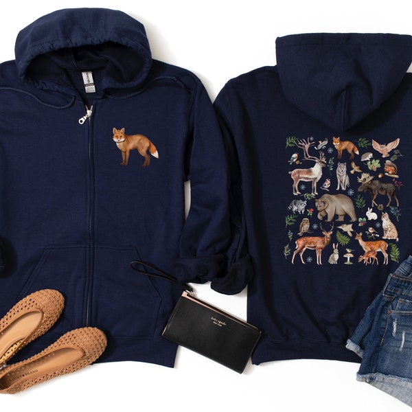 FOREST ANIMALS Zip Up Hoodie with Deer Moose Bear Fox Wolf Lynx & Owl print, Cottagecore Jacket, Woodland Wildlife Hoodie for Nature Lovers