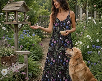 WILDFLOWERS Sling Dress, MYSTICAL WITCHY Dress, Dark Cottagecore Dress, Botanical Dress, Floral Ankle Length Dress, Thistle Summer Sundress