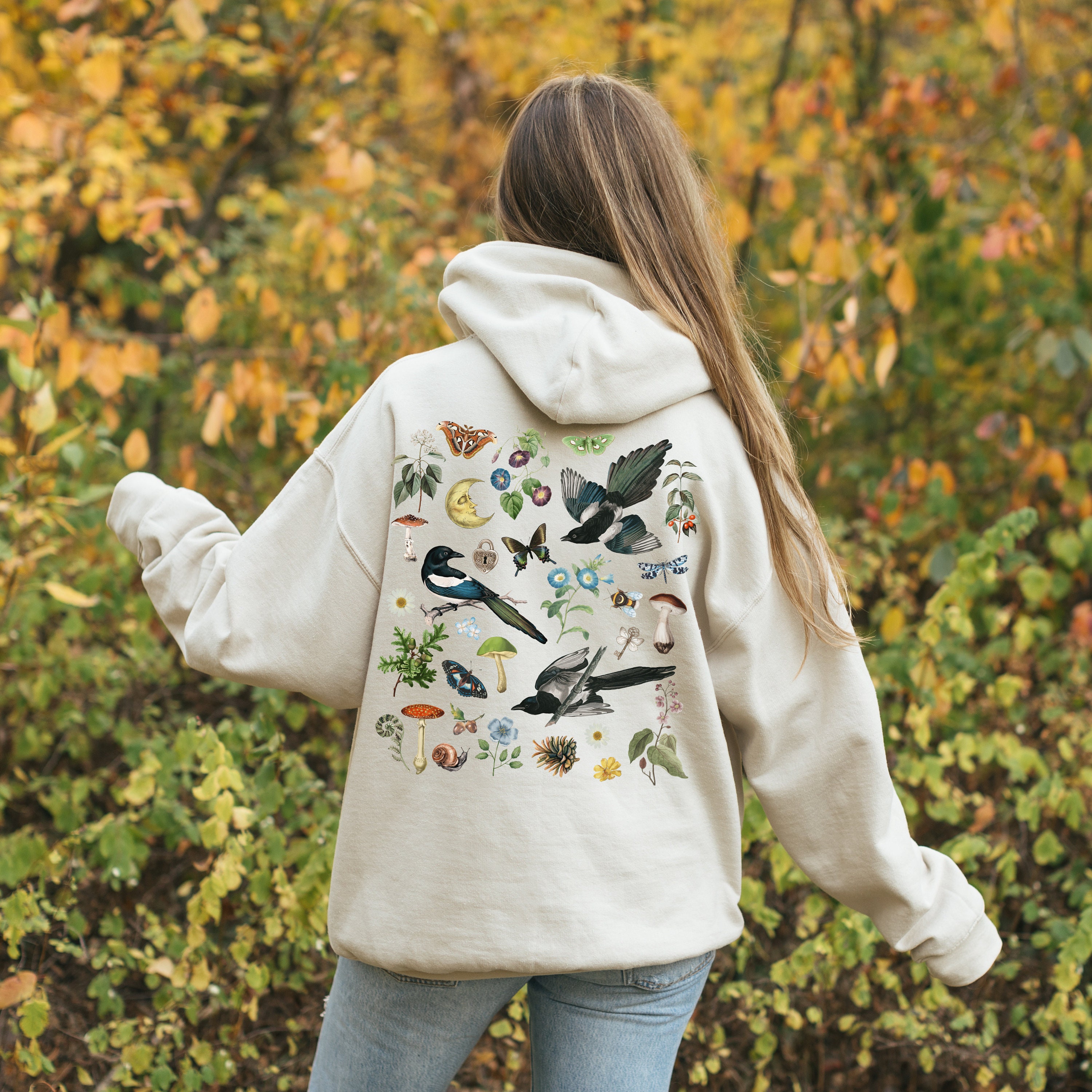 MAGPIE Hoodie, MYSTICAL Hooded Sweatshirt With Magpies Mushrooms 