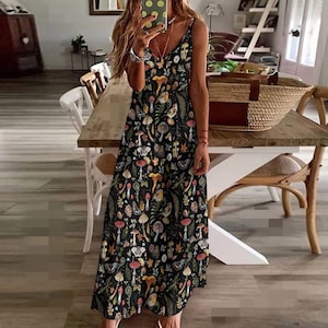 ENCHANTED FOREST Sling Dress with Birds Mushrooms Fern and Plants Print, Dark Cottagecore Botanical Dress, Magical Woodland Witchy Dress