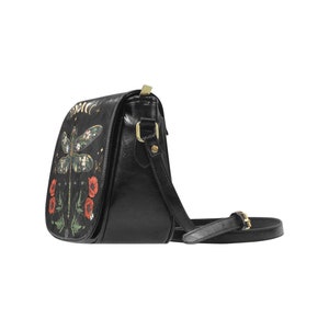 DRAGONFLY Vegan Leather Bag, MYSTICAL Crossbody Saddle Bag with Floral Dragonfly Moon Phases & Red Poppies print, Boho Witchy Shoulder Purse image 6