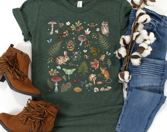 Woodland Wonders: NATURE T-shirt featuring Owl Bird Rabbit Frog Butterflies Mushrooms & Fern, Cottagecore Botanical Shirt, Forest shirt
