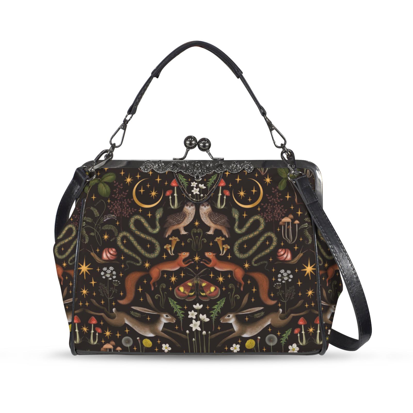 FAIRY FOREST Kisslock Crossbody Shoulder Bag with Owl Rabbit Squirrel Mushroom Moth Moon & Wildf