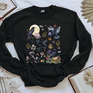 RAVENS FALL inspired Sweatshirt, Wimsigoth Autumn Sweater, Black Crow Pullover, Gothic Aesthetic, Halloween Sweatshirt Mystical Forest Shirt