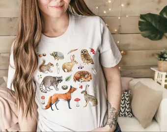 Forest Wild Animals T-shirt for Nature Lovers Gift, Woodland Friends Camping Shirt, Watercolor Fox Bear Hare Owl Hedgehog Forest Animals Tee