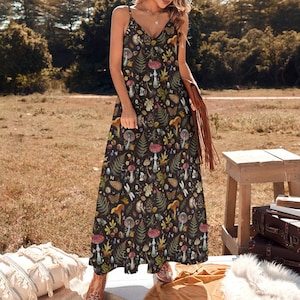 FALL FOREST Sling Dress with Mushrooms Toadstool Fern Autumn Leaves Butterflies & Frog Design, Botanical Dress, Woodland Plants Witchy Dress