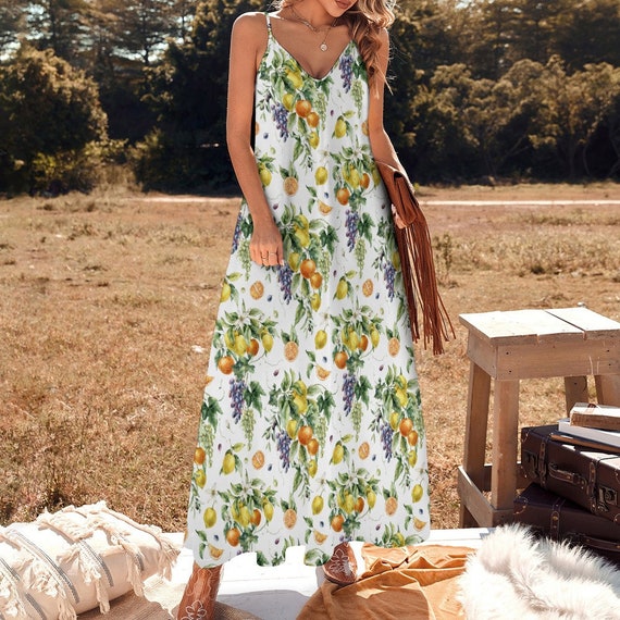 FRUITS Sling Dress With Grapes Lemons and Oranges Print, Citrus Ankle  Length Sundress, Mediterranean Maxi Dress, Italy Inspired Sun Dress - Etsy