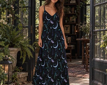 Moths in the Moonlight Maxi Dress, Celestial Moon & Botanical Woodland Dress, Mystical Moth Dress, Boho Witchy Dress, Casual Summer Dress
