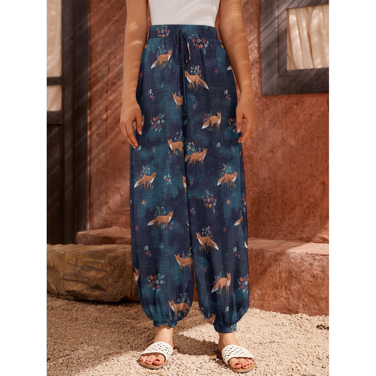 COTTAGECORE FOX Carrot Pants, Floral Fox Relaxed Summer Pants
