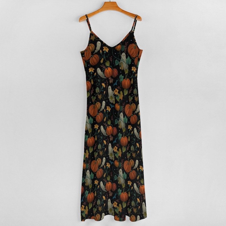 PUMPKIN GHOST Spaghetti Straps Maxi Dress, Boho Witchy Sling Dress, Fall inspired Ankle Length Sundress, Pumpkin Patch Halloween Dress image 3