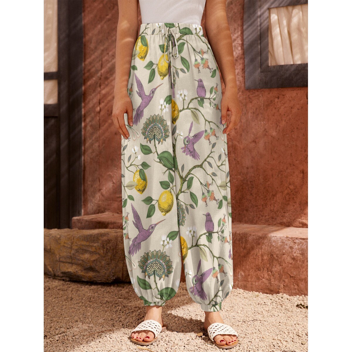 FLORAL BIRDS Casual Loose Boho Trousers, Lemons Carrot Pants