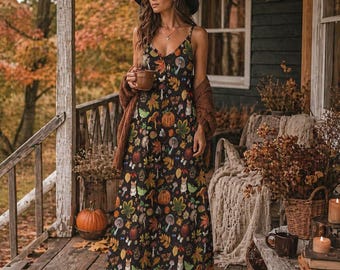 AUTUMN LEAVES Sling Dress, COTTAGECORE Botanical Dress with Leaves Mushrooms Butterflies & Mouse, Witchy Dress, Garden Party Style Dress