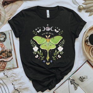Mystical GREEN LUNA MOTH T-shirt, You are Magic Floral Comet Moth Fairycore Shirt, Nature Lovers Gift, Moon Phases Celestial Butterfly Tee