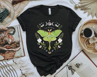 Mystical GREEN LUNA MOTH T-shirt, You are Magic Floral Comet Moth Fairycore Shirt, Nature Lovers Gift, Moon Phases Celestial Butterfly Tee