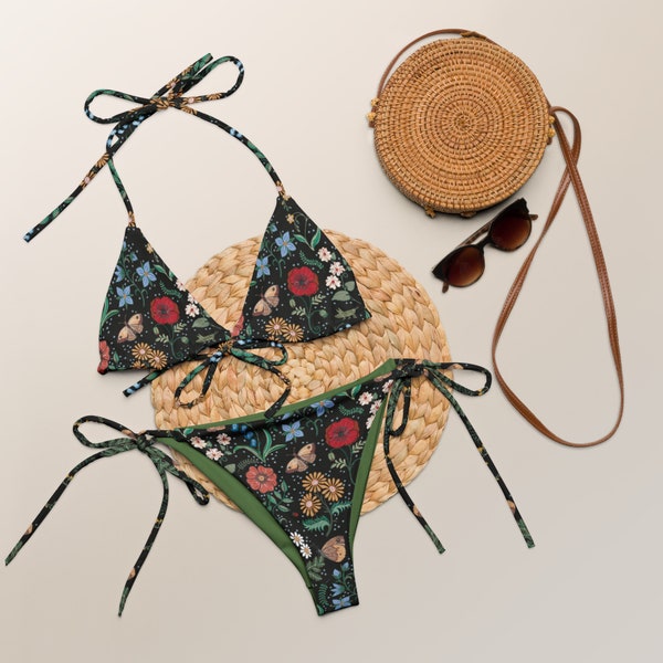 BOHO FLORALS Recycled string bikini set, Cottagecore Bathing Suit, Poppy Flowers Swimsuit, Summer Vacation Gift, Wildflowers String Bikini