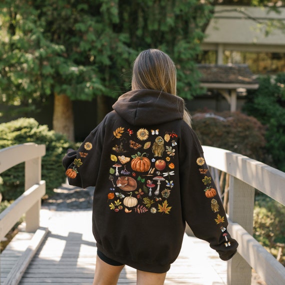 COZY AUTUMN Hoodie with Back Front & Sleeves print, COTTAGECORE Fall Sweatshirt with Pumpkin Autumn Leaves Owl Fox Mushrooms and Berries