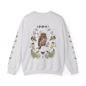 MYSTICAL WOODLAND Sweatshirt with Owl design on the back Frog on the front and Butterflies on Sleeves, Cottagecore Sweater for Nature Lovers Ash