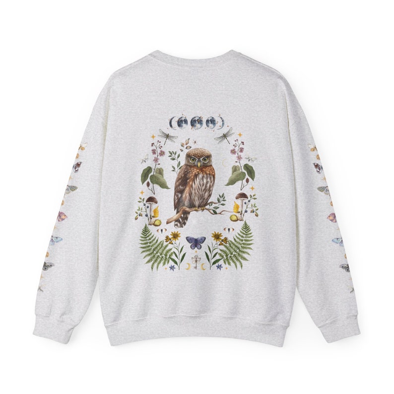 MYSTICAL WOODLAND Sweatshirt with Owl design on the back Frog on the front and Butterflies on Sleeves, Cottagecore Sweater for Nature Lovers Ash