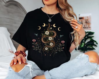 SERPENT SPELL by Episodic Drawings T-shirt, Mystical Serpentine Shirt, Floral Snake Tee, Boho Witchy shirt, Fall Clothing, Whimsigoth Shirt