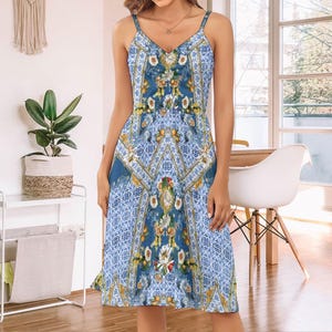 SICILIAN Sling Dress, Italian Vacations Midi Length Sundress, Mediterranean tiles Cami Dress, Sicily inspired Sun Dress, Majolica Midi Dress