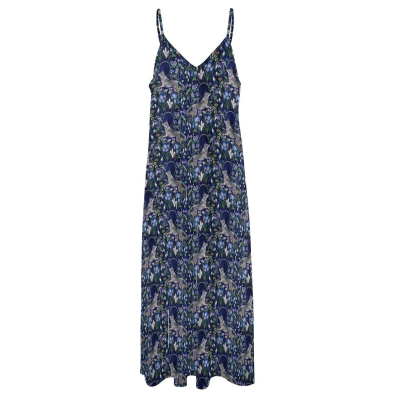 MYSTICAL WOLF Sling Dress, Boho Witchy Dress with Full Moon Wolf and Night Flowers print, Dark Cottagecore Dress, Ankle Length Casual Dress image 8
