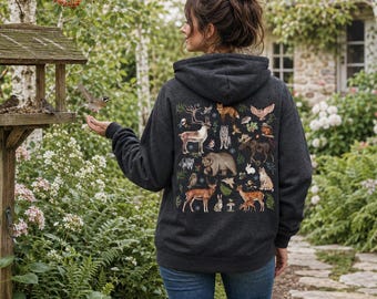 FOREST ANIMALS Zip Up Hoodie with Deer Moose Bear Fox Wolf Lynx & Owl print, Cottagecore Jacket, Woodland Wildlife Hoodie for Nature Lovers