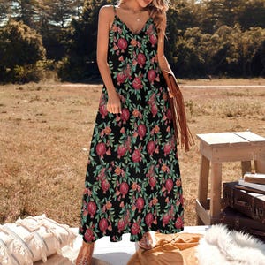 POMEGRANATE Sling Dress, Ankle Length Summer Sundress, Garden Party style Dress, Cottagecore Maxi Sundress, Gift for Mom, Fruits Sun Dress