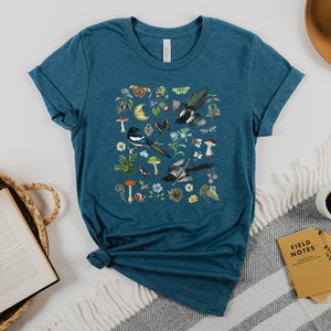 WOODLAND Shirt with MAGPIES MUSHROOMS Butterflies Moth Bindweed Wildflowers & Forest Plants, Botanical Tee for Nature Lovers Gift Heather Deep Teal