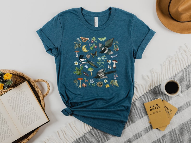 WOODLAND Shirt with MAGPIES MUSHROOMS Butterflies Moth Bindweed Wildflowers & Forest Plants, Botanical Tee for Nature Lovers Gift Heather Deep Teal