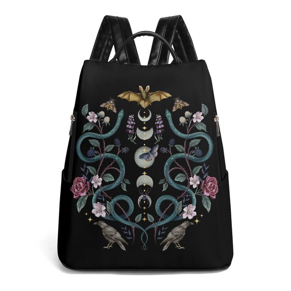 WHIMSIGOTH Anti-theft Daypack with Moon Phase Mystical Serpent Bat Raven Hawkmoth & Roses design, Floral Snake Vegan Leather Travel Backpack