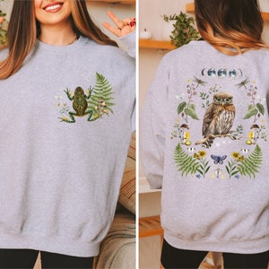MYSTICAL WOODLAND Sweatshirt with Owl design on the back Frog on the front and Butterflies on Sleeves, Cottagecore Sweater for Nature Lovers image 4