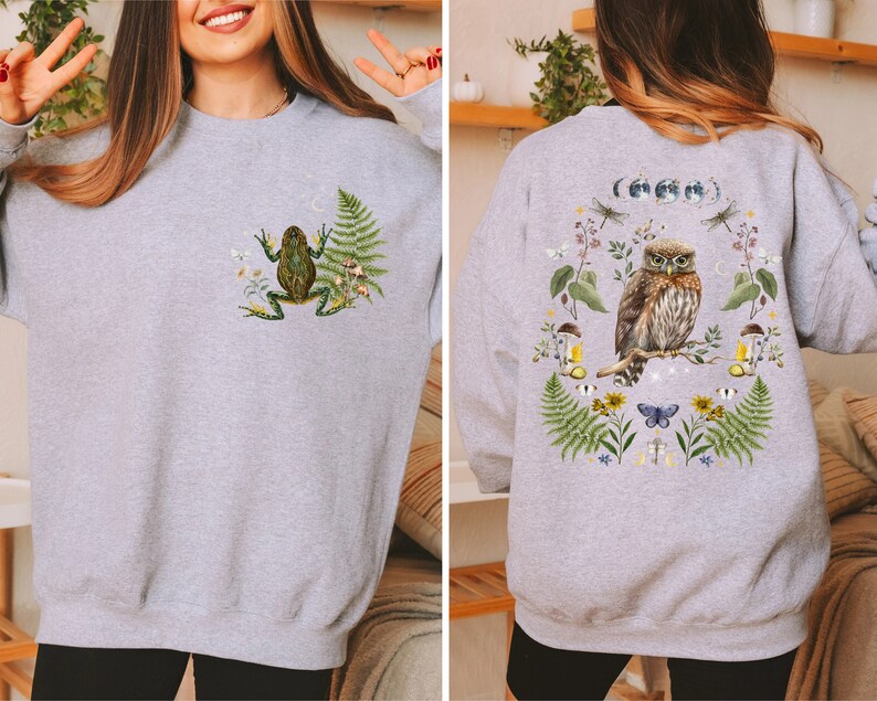 MYSTICAL WOODLAND Sweatshirt with Owl design on the back Frog on the front and Butterflies on Sleeves, Cottagecore Sweater for Nature Lovers image 4