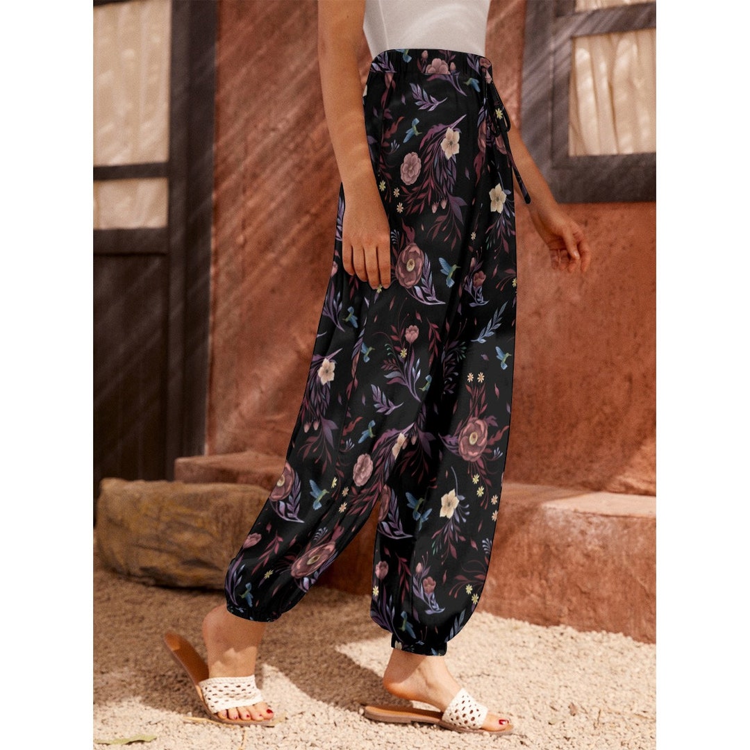 Camellia Flowers Carrot Pants, Dark Florals Loose Boho