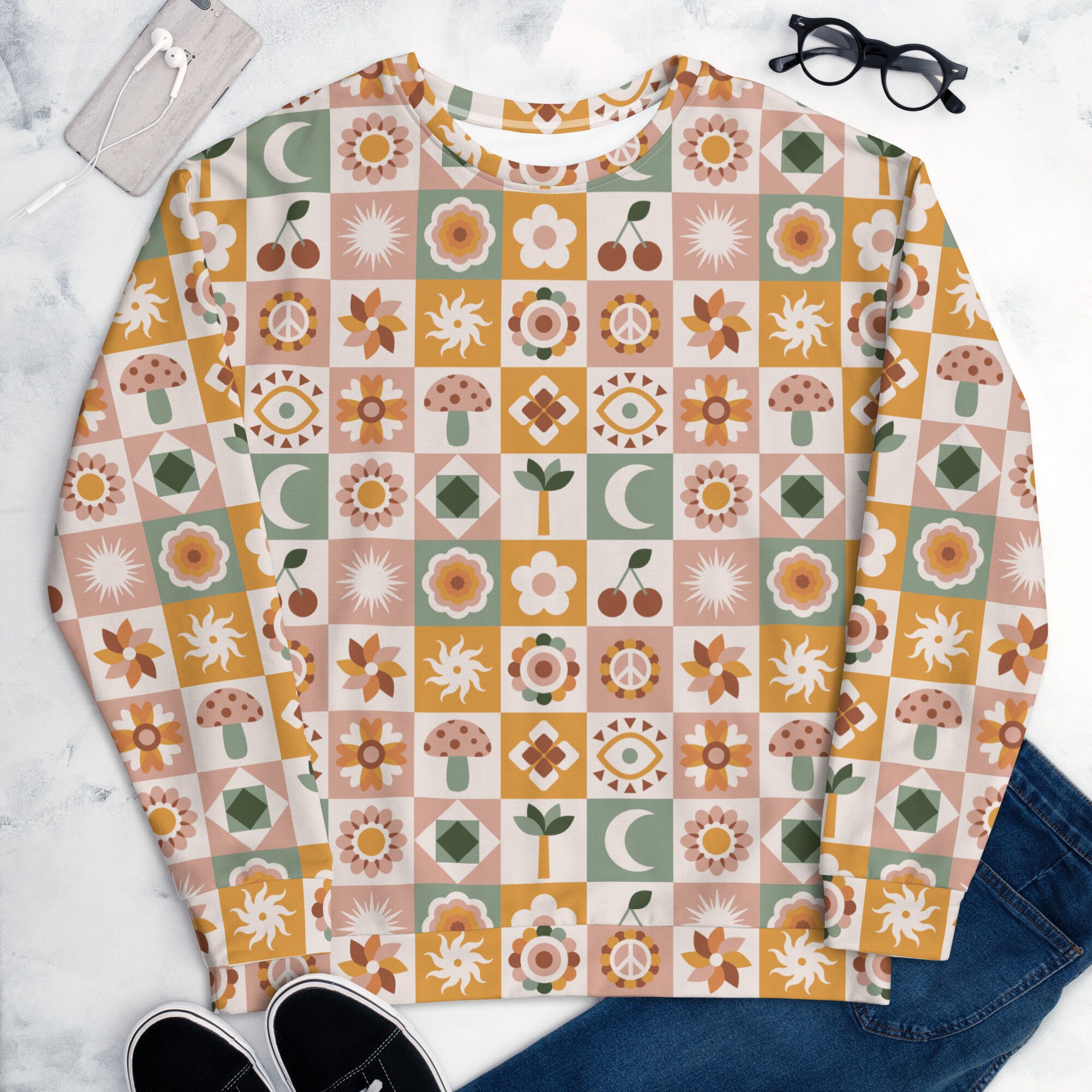 RETRO HIPPIE 70 Recycled Sweatshirt, Cute Checkers Sweater
