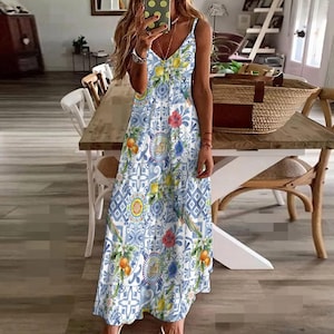 La DOLCE VITA Maxi Dress, SICILIA Summer Sling Dress, Italian Vacations Sundress, Mediterranean Citrus ceramic tiles Dress, Majolica dress