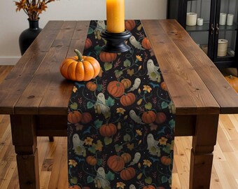 Chemin De Table Automne Halloween - 28x275cm En Polyester Avec Motifs Citrouilles Et Feuilles D'Érable Dorées - 2