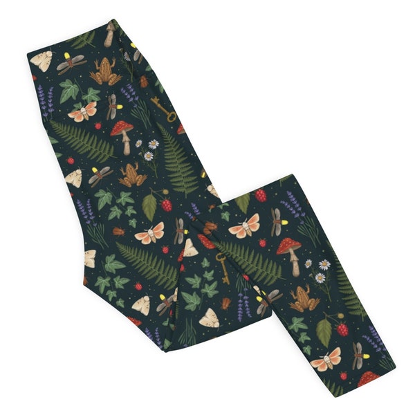 WOODLAND TREASURES Leggings with Fern Mushrooms Frog Moth & Wildflower, Forestcore Botanical Leggings for Nature Lover, Cottagecore Leggings
