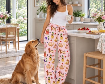 Cute Desert Dogs Pajama Pants, Pink Satin Sleepwear, Funny Fruit Dogs, Whimsical Puppy PJs, Dog Lover Gift for Her