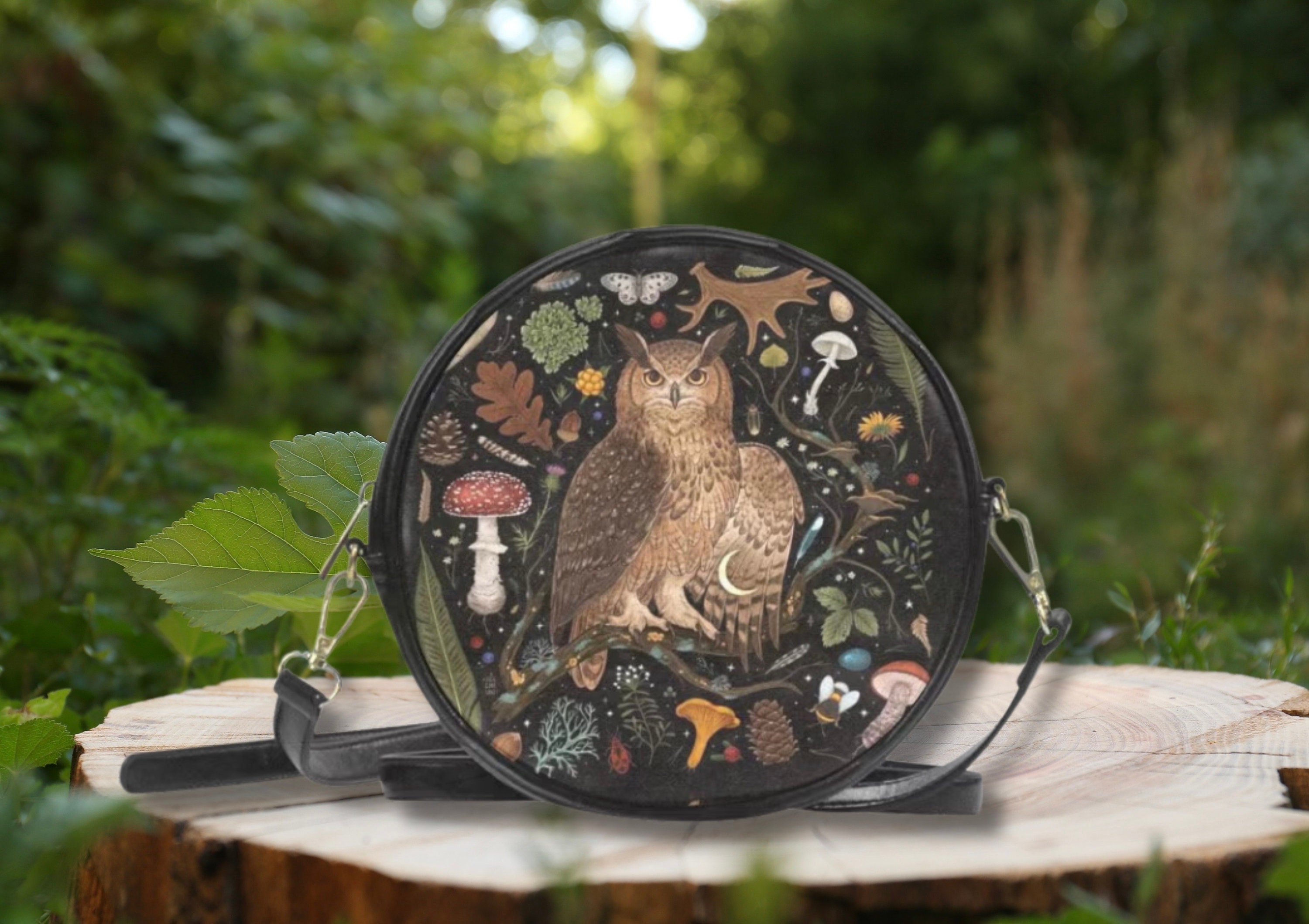 MYSTICAL OWL Round Crossbody Bag, Vegan Leather Purse, Forestcore Messenger Bag, Enchanted Forest Sh