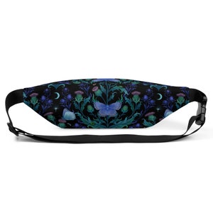 BLUE MOTH & THISTLE Fanny Pack, Nature inspired Waterproof Crossbody Bag with Moon Moth and Thistle Cottagecore Floral Crossbody Waist Pouch