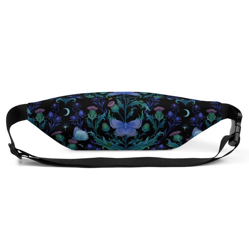 BLUE MOTH & THISTLE Fanny Pack, Nature inspired Waterproof Crossbody Bag with Moon Moth and Thistle Cottagecore Floral Crossbody Waist Pouch