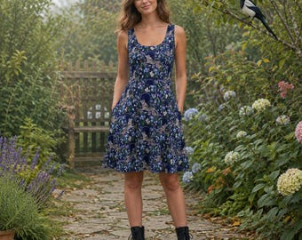 Vestido skater LOBO MÍSTICO, vestido bohemio de bruja con estampado de lobo de luna llena y flores nocturnas, vestido cottagecore oscuro, vestido de animales del bosque