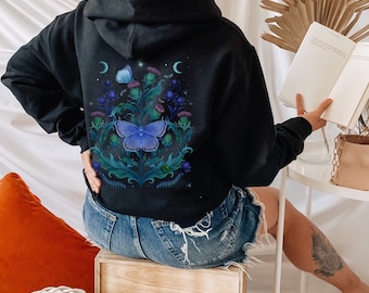 MAGICAL Blue MOTH & THISTLE Zip Up Hoodie, Whimsical Floral Butterfly Zip up Jacket, Witchy Eclectic Aesthetic Shirt, Magical Nature Hoodie