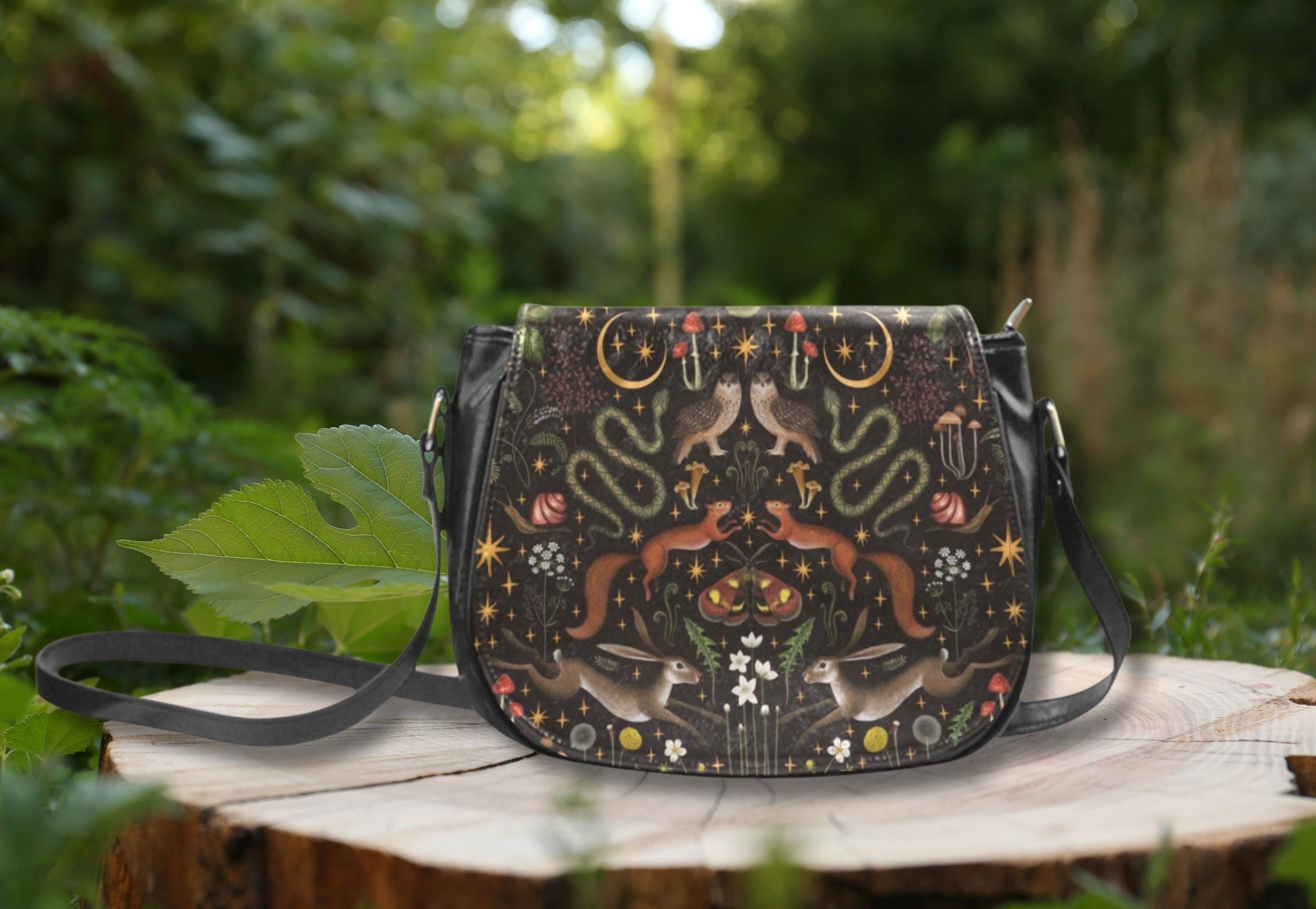 FAIRY FOREST Crossbody Saddle Bag with Owl Rabbit Squirrel Mushroom Moth Moon & Wildflowers, Woo